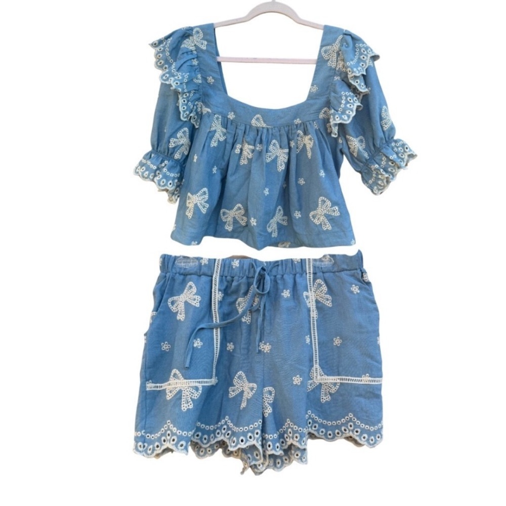 Mable Chambray Eyelet Bows Embroidered Two-Piece Set